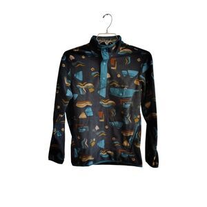 Eddie Bauer Men's Small Quarter Button Up Black‎ Fleece Synchilla Patterned